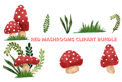 Red Mashroom-Leaves-Grass-Folaige clipart bundle grass clipart leave mashroom clipart mashroom mashroom leave redmashrom