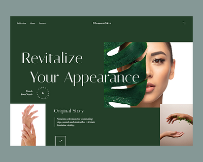 Website "BlossomSkin" skin care cosmetics beauty care cosmetics design green hands landing love ui web