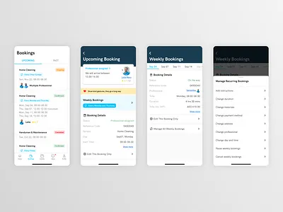 On Demand Service App - Bookings booking detail bookings change booking cleaning service edit edit booking home services mobile modify monthly on demand recurring recurring booking repeating service app status ui upcoming weekly