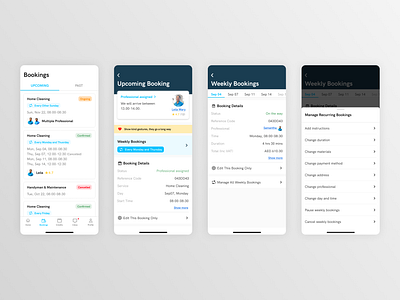 On Demand Service App - Bookings booking detail bookings change booking cleaning service edit edit booking home services mobile modify monthly on demand recurring recurring booking repeating service app status ui upcoming weekly