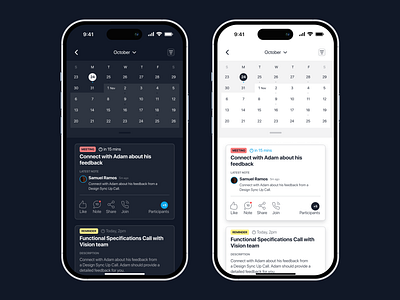 AI Assistant App Dark and Light adobe xd adobexd ai app assistant calendar dark figma light meeting ui uidesign ux uxdesign