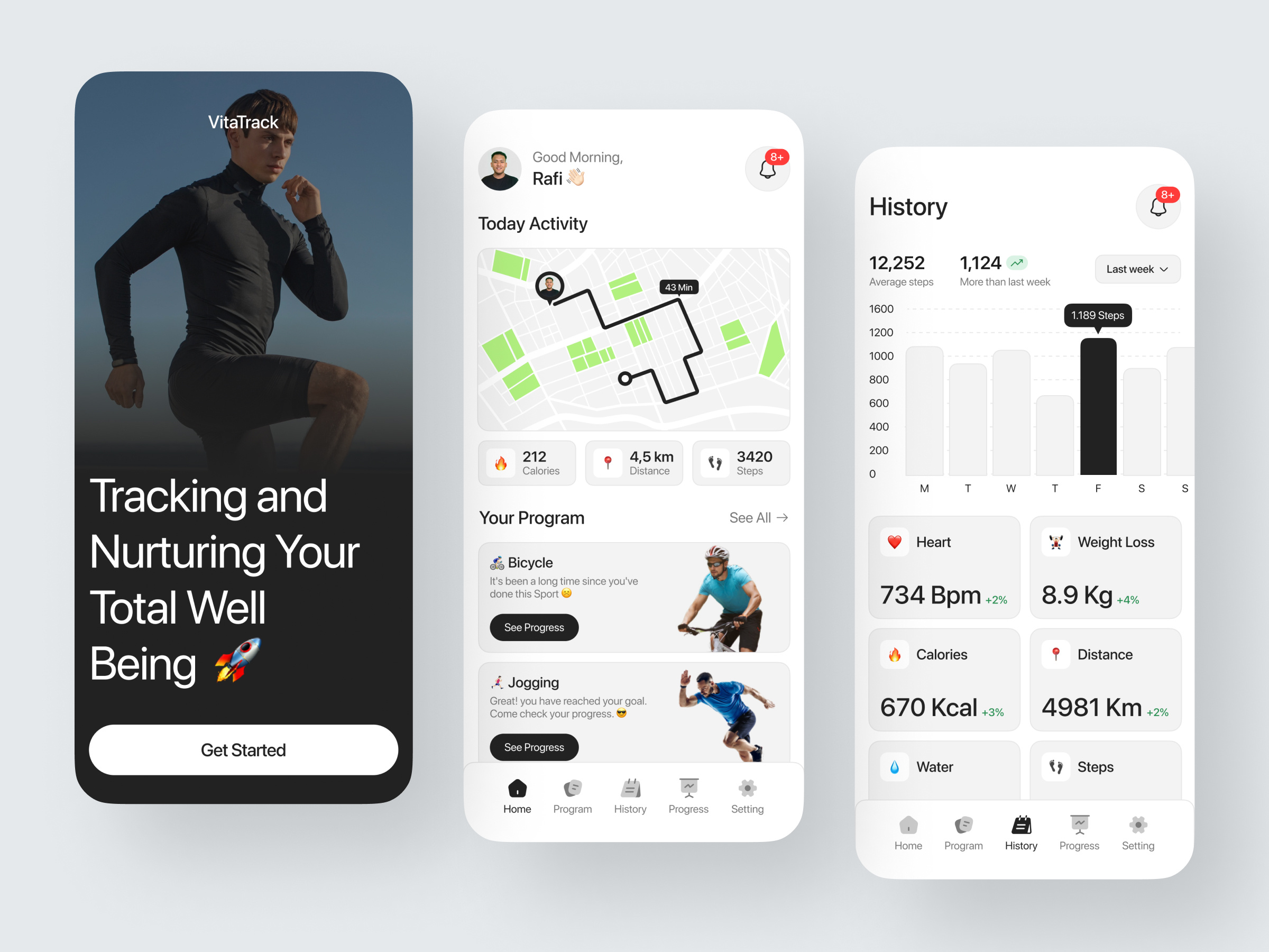 VitaTrack - Health Tracker Mobile App activity app calorie daily task fitness gym health healthcare healthy mobile running sport track tracker tracking ui ux workout