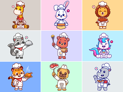 Chef Animals🦒🐰🥧🍗 activity animals baking beef cake chef cooking coplay costume cute food icon illustration logo meal pet restaurant unicorn working zoo