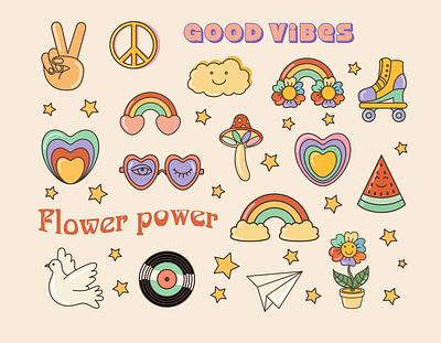 A set of elements in the retro style of the 70s 70s collection elements flower good vibes heart peace rainbow retro vintage
