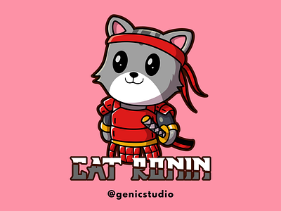 Costum Cute Cat Animal Mascot Cat Ronin Logo for Brand genicstudio