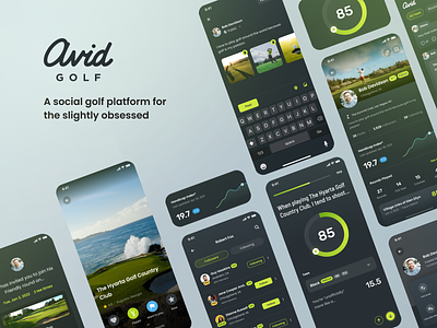 Avid Golf Mobile App - Full Preview dark ui golf golf match golf play golf range golf round golf sport green match mobile mobile app player ui ux virtual realities vr yellow
