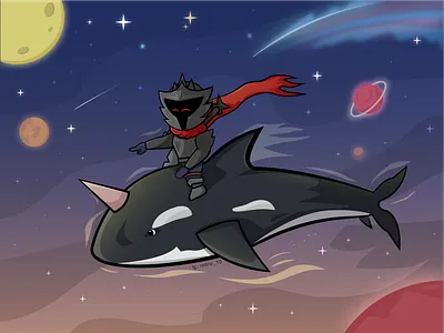 Space dream 2d character chibi fantasy illustration planet space star vector whale