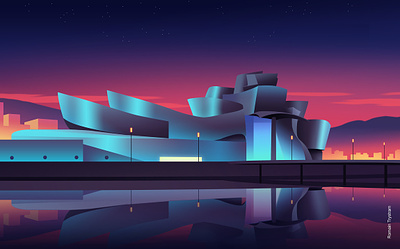 Gugenheim Bilbao abstract architecture building capitale city colorful futur gradient illustration landmark light museum neon project simple spain travel trystram visit