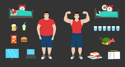 Healthy lifestyle concept. Vector illustration athletic fast food fat gadgets habits healthy healthy food reading planning sleeping healthy water vs sparkling water