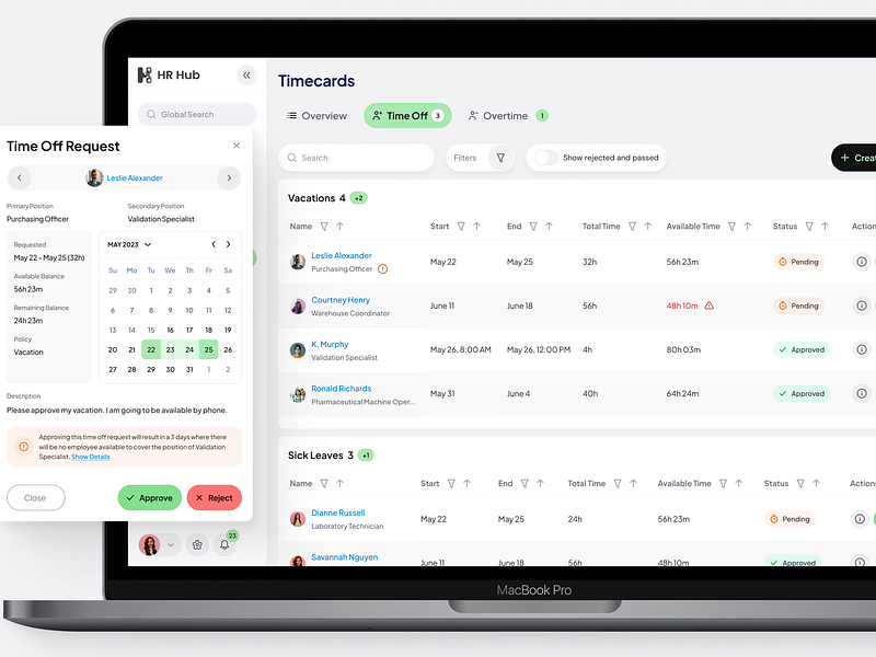 Time off management in HR SaaS app application design hr leave light pto saas sick time off timecard ui ux vacation web web app website