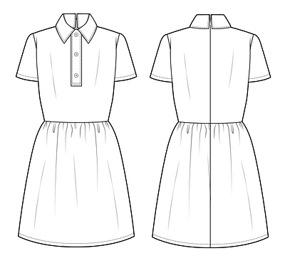 Fitted Dress with Button Front and Back View a line dress clothing design drawing dress fashion design flat sketch illustration ladies shirt vector women dress womenswear