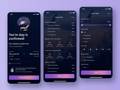 Travel - Mobile App concept design dark mobile interface dark ui design figma mobile components flight search icon design illustration ios ios travel app mobile mobile app concept mobile screens concepts tourism travel app design travel app filters ui design ux design vector illustration web