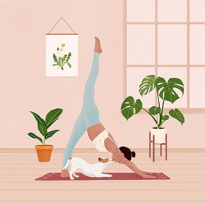 Downward Dog art digital art dog drawing girl health illustration lifestyle pet plants portrait procreate room woman yoga