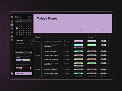 Event Management Dashboard black branding callendar colorful dashboard event management graphic design logo maximalism purple saas schedule ui user experience ux website