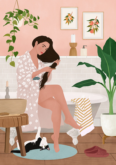 After a bath art bathroom cat digital art drawing girl illustration me time plants portrait room self care woman