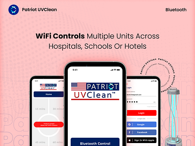 Patriot UVClean adobe xd android app bluetooth branding design figma graphic design illustration ios app iot logo mobile app mobile ui patriotism prototype ui ui design uiux user interface vector