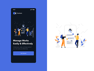 Re:Work character Ilustration app blue branding character communication design illustration ui vector