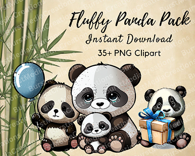 Fluffy Panda PNG Clipart Pack animal clipart design etsy designs graphic design panda pod