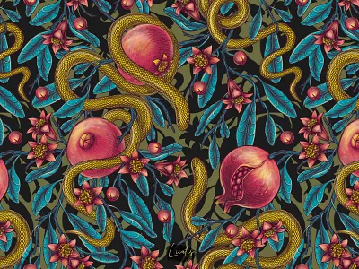 POMEGRANATE EDEN - patterns & motifs animals design drawing exotic fabric floral flowers fruit graphic design illustration pattern pattern design pomegranate retro seamless pattern snake textile tropical vintage wallpaper