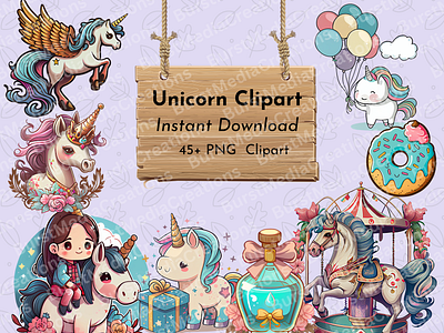 3 Style Unicorn PNG Clipart Pack - Kawaii, Modern and Tattoo clipart cute design graphic design illustration kawii stickers tattoo unicorn