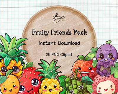 Fruity Friends PNG Clipart Pack - Kawaii Style birthday decor canva elements clipart decor fruits fruits pack graphic design illustration invitation kawii