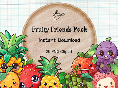 Fruity Friends PNG Clipart Pack - Kawaii Style birthday decor canva elements clipart decor fruits fruits pack graphic design illustration invitation kawii