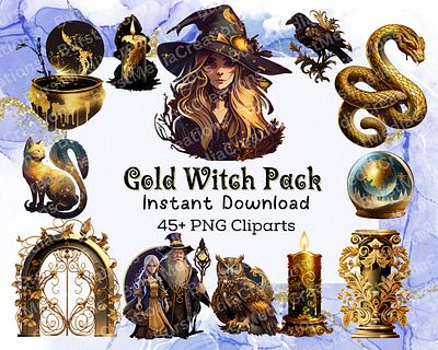 Gold Witch Clipart Pack clipart design elements golden graphic design illustration invitation party png pack snakes witch