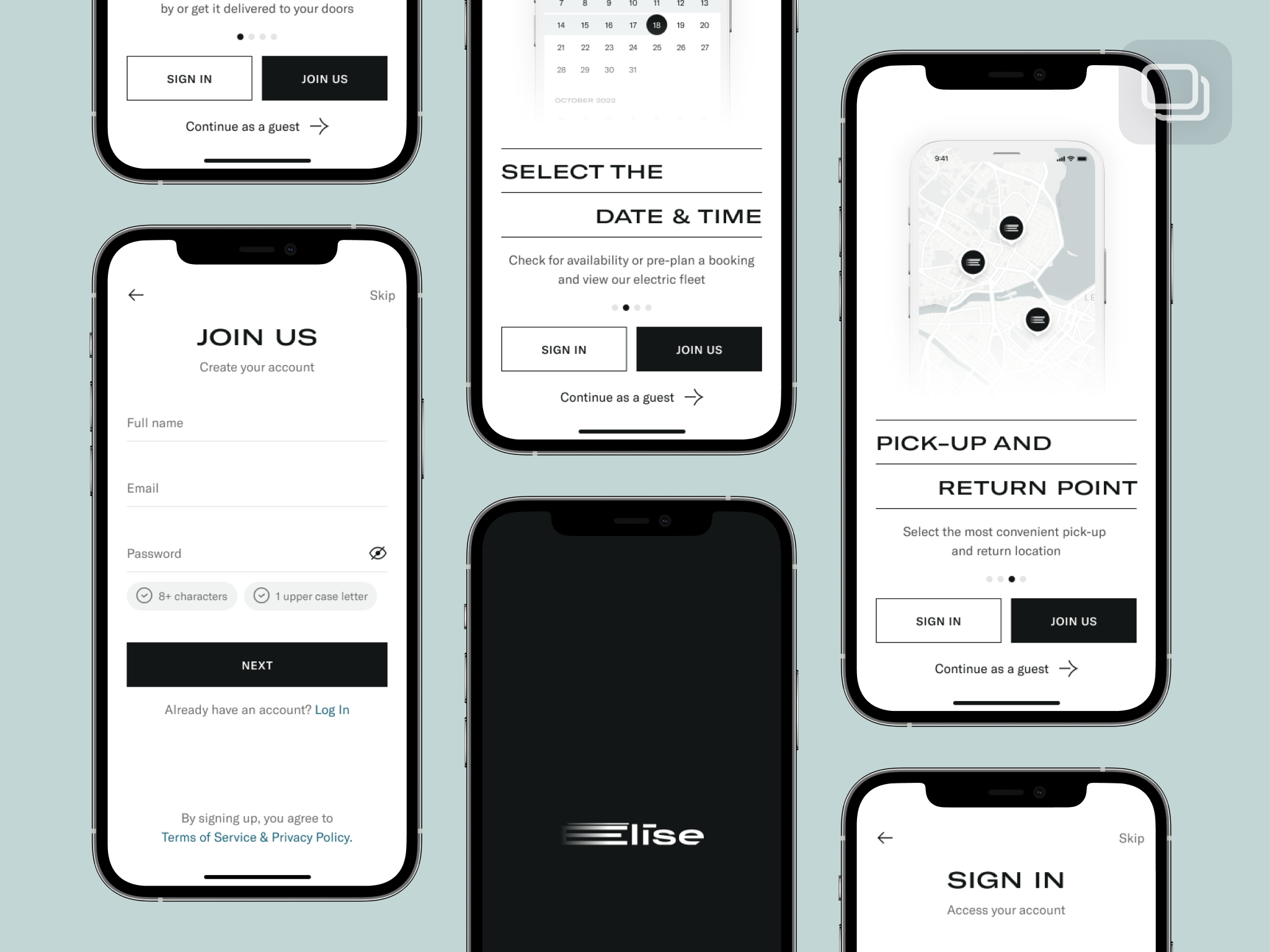 Elise - Signing Up Flow account booking car booking car rental car sharing e commerce ecommerce join us landing log in mobile app mobile design mobile ui mobile ux personalized rental service app service sector sign in sing up