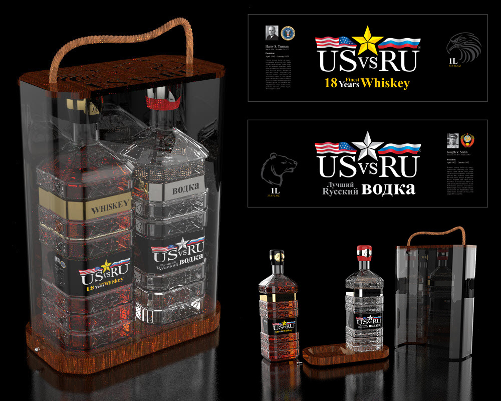 USvsRU - Whiskey/Vodka Twins 3d bottle design brand identity branding liquor package design packaging