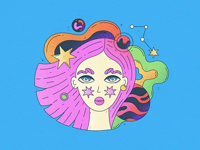 Girl with Pink Hair bright character colorful design futuristic galactic girl hair illustration outline people pink portrait retro space stars stroke surreal vector woman