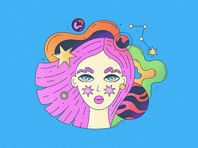 Girl with Pink Hair bright character colorful design futuristic galactic girl hair illustration outline people pink portrait retro space stars stroke surreal vector woman