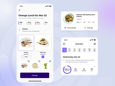 Meal settings for food delivery service calories count cards design excited agency figma food delivery ios app meal settings mobile mobile app design product design quantity setup stats