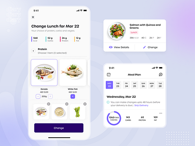 Meal settings for food delivery service calories count cards design excited agency figma food delivery ios app meal settings mobile mobile app design product design quantity setup stats