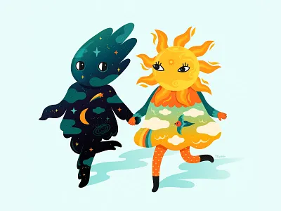 Let's run away adobeillustrator characterdesign concept day digital digitalart friendship illustration illustrator night vector whimsical