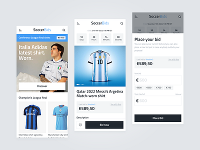 SoccerBids Mobile Ui app design argentina auction platform auction ui football football auctions messi mobile ui soccer soccer ui ui ui design uiux user experience ux design