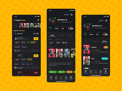 PlayerFinder - LFG Gaming App android apex app competitive e sports esports gaming interface ios kyran leech lfg mobile modern ui valorant