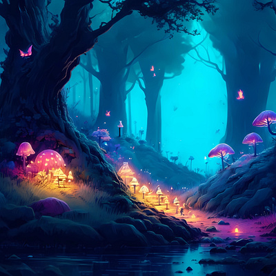 Fantasy Fairy Forest with Mushrooms ai ai created design digital digitalart fairy fairy forest fantasy fantasy forest fiverr graphic design illustration mushrooms