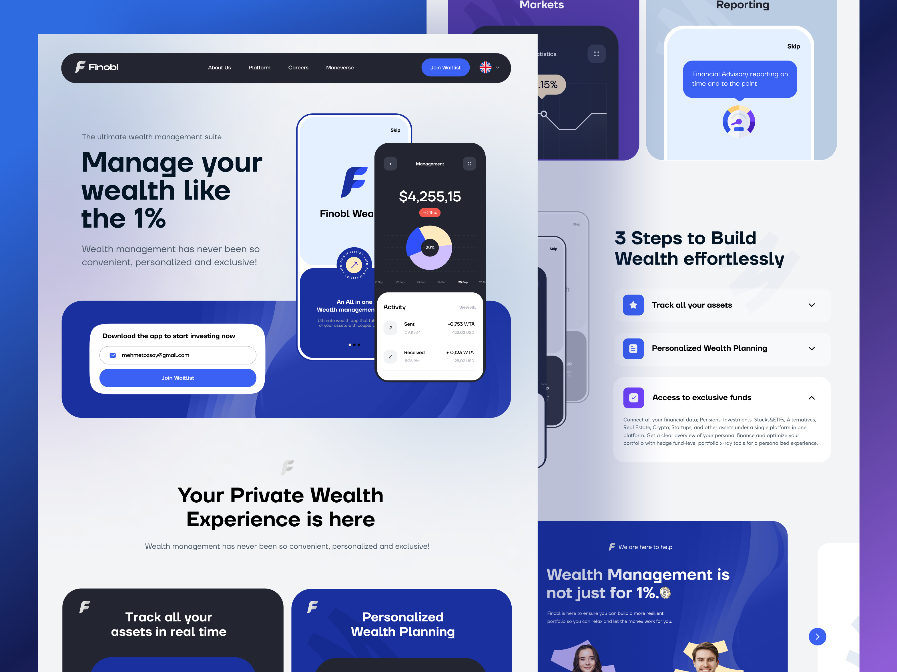 Wealth management landing page banking blue color creative design finance financial fintech investment landing page mobile product design ui user interface ux wallet wealth web web design website