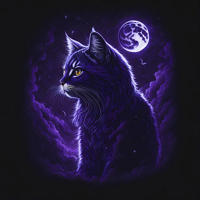 Purple Illustration of a beauty cat at night ai ai created beauty cat cat at night design digital digitalart illustration moon night purple