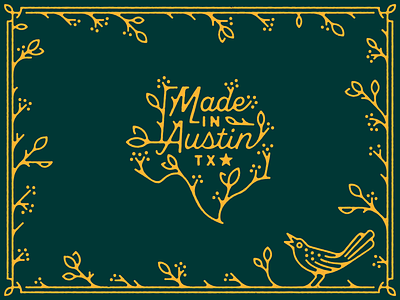 Made in Austin austin badge bird branches grackle handmade icon illustration leaves lettering monoline texas tree typography vector