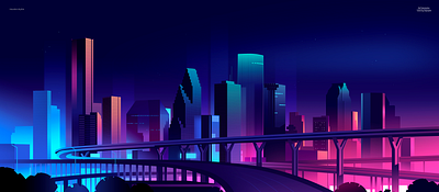 Houston blue bridges building city gradient highline illustration neon photoshop sky skyline travel usa