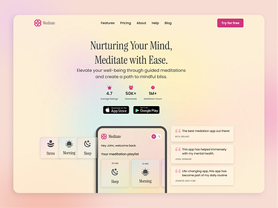 Meditation App - Website Landing Page app app design landing page mesh gradient ui web design website