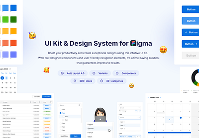 Ui Kit & Design System for Figma blue buttons calendar colors dahsboard design design system dropdown emojie list templates ui ui kit