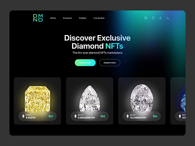 NFT marketplace concept design animation card cards crypto diamond gradient landing light nft site ui ux web web design website