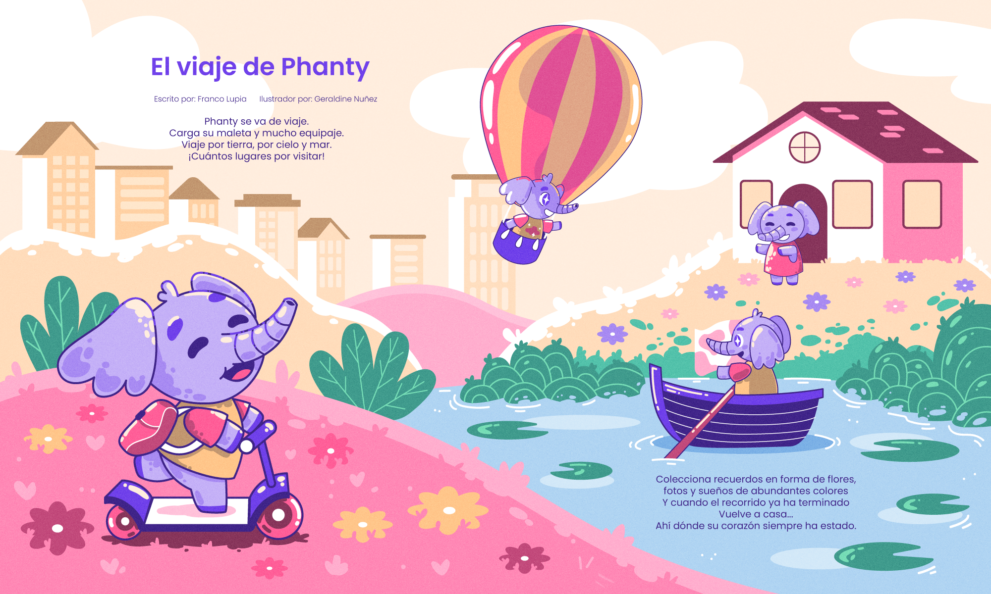 Phanty's journey animal artwork cartoon character character design city colorful cute design digital illustration flat graphic design illustration illustrator kids minimal pink travel vector vector art