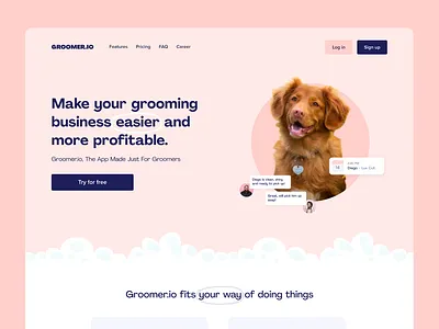 Groomer.io - Hero Section branding colorful design desktop dogs groomer hero hero section illustration pastel pets pink playful ui user interface ux web web design webdesign website