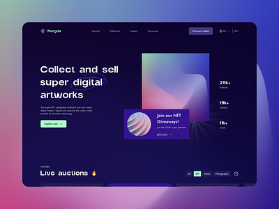 Nergda - NFT platform 3d artist banking blue branding crypto dark mode finances fintech landing page marketplace money nft purple tokens ui ux