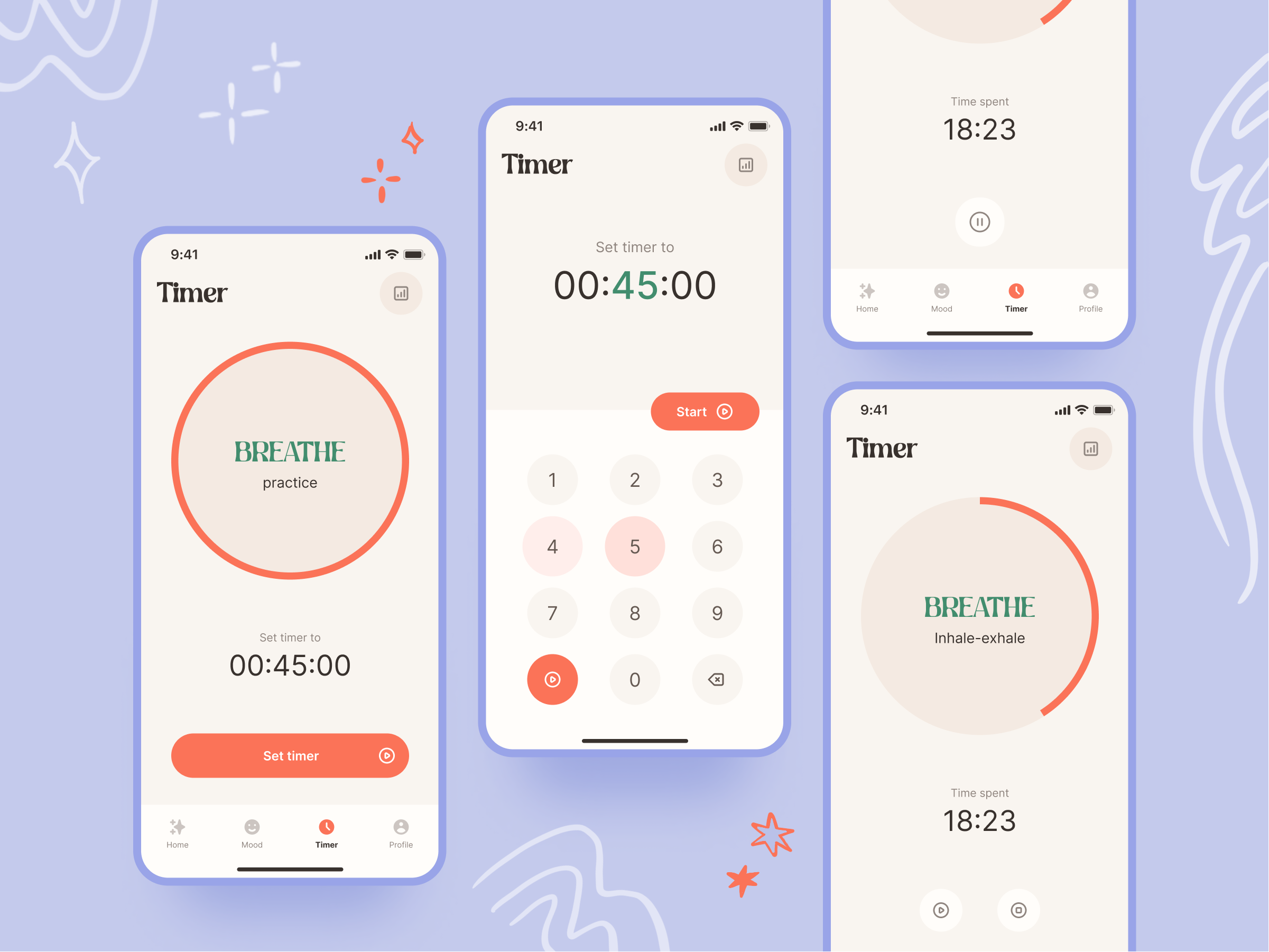 Mental Health Mobile App breath breathing practices focus gratefulness handdrawn health mental health pink sleep timer violet water balance women