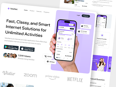 VeloNet - Internet Provider Landing Page app branding call card design internet landing page message network operator package points provider quota service signal transaction ui ux web