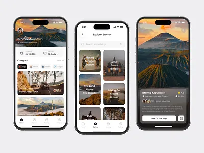 Wanderlush - Travel Mobile App adventure app app design bromo clean design destination mobile mobile app mobile app design tourism travel travel agency travel app traveler traveling trip ui uiux ux